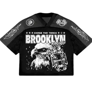 Black Cropped Mesh Football Jersey NYC Brooklyn Eagle Print V-Neck Chase Track Gothic Summer