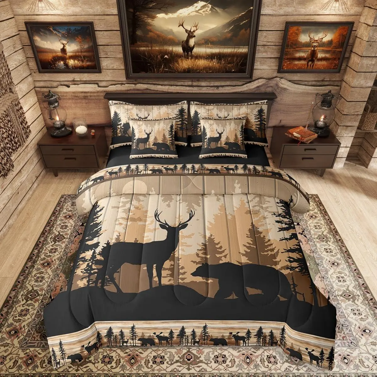 Rustic Cabin Comforter Set with Sheets Deer Bear Hunting 7 Piece Bedding Set Rustic Farmhouse Cabin Bed in A Bag Adults,Woodland Animal Sheet Set with Comforter