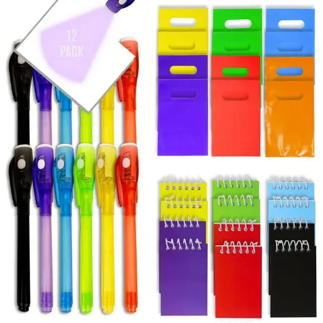4E's Novelty 12 Fun Pens for Kids – Magic UV Light Pens, Notebooks & Goodie Bags for Spy Fun