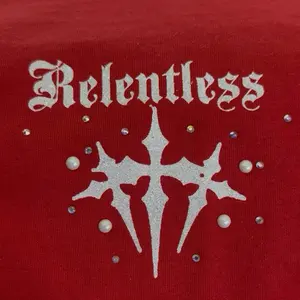 Distressed Cropped Relentless- Red Graphic Tee with Kreme Design - Unisex