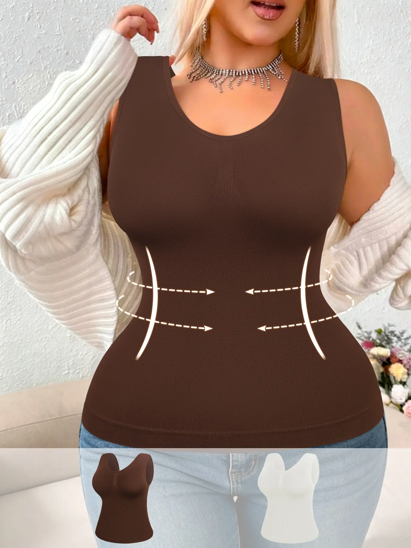 2-Piece Shaper Tank Top Set, Women's Plus Size Unpadded Seamless Knitting Cami with Tummy Control, Casual Waist Slimmer, Solid, Mid Waist, Body Slimming, 3Xl, Shapewear, Plus Size Tops