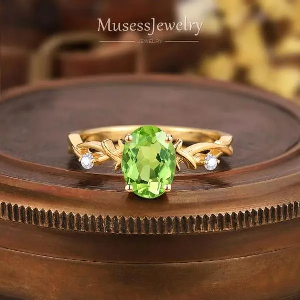 Oval Peridot Engagement Ring, Leaf-Inspired Solitaire Design