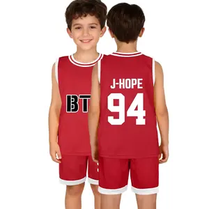Youth Basketball Uniform Set| Kids Boys Girls Jersey Tank Top & Shorts| BT-21 Members Number Red Basketball Jersey Jin 92 Suga 93 RM 94 J Hope 94 Jimin 95 V 95 Jungkook 97,2-Piece Outfit Outdoor