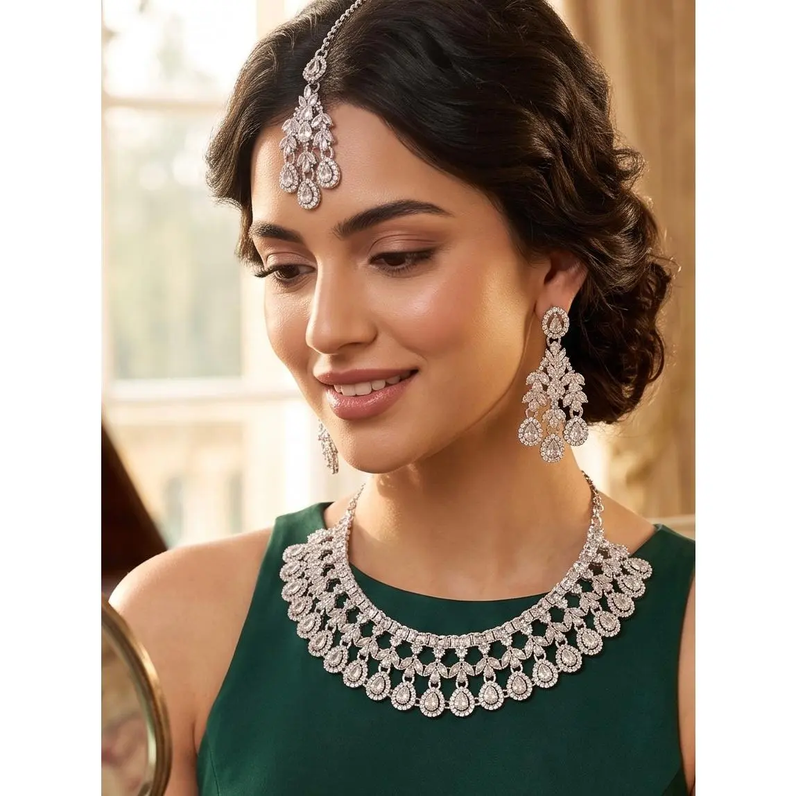 Luxury Clear American Diamond Bridal Jewelry Set with Maang Tikka | Premium Brass Statement Necklace & Earrings Gift Box Included 6034