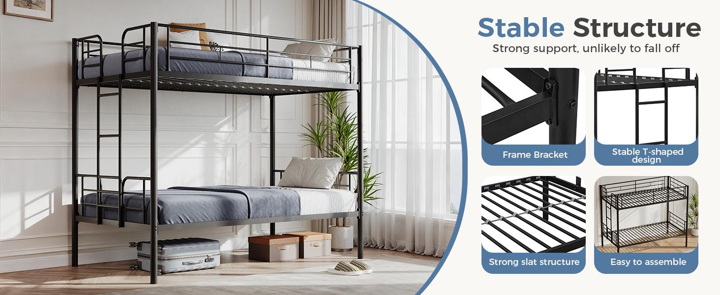 Twin Over Twin Metal Bunk Bed with Stairs & Safety Guardrails, Heavy-Duty Steel Frame, No Box Spring Needed, Space-Saving Bunk Beds