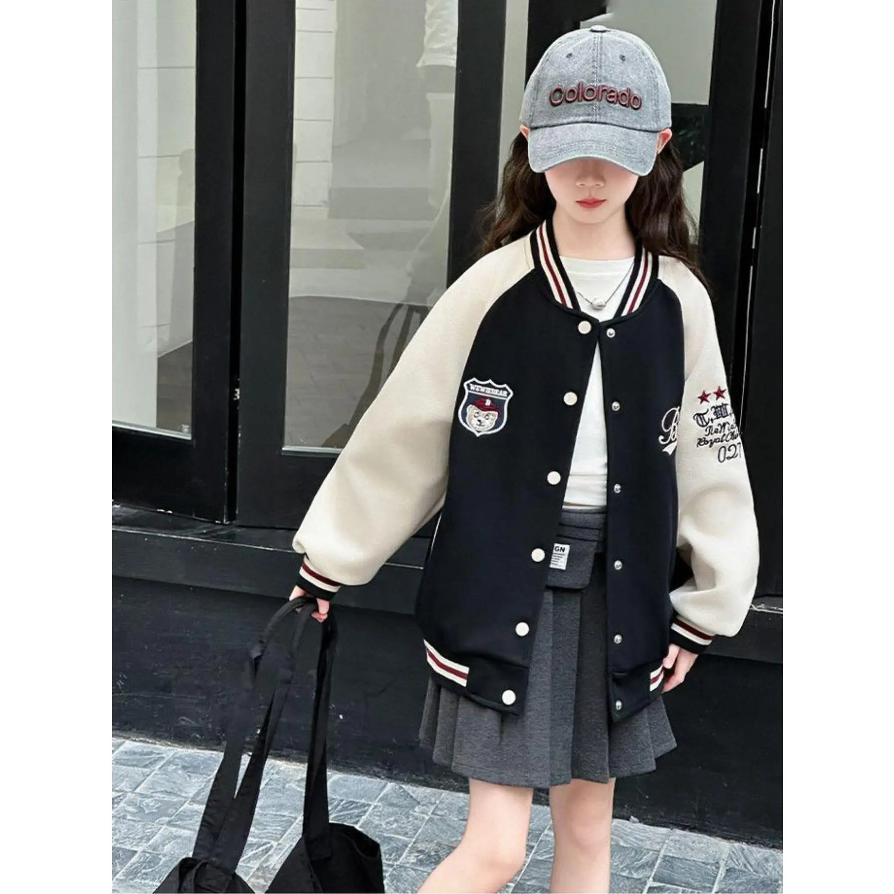 Chic Girls Varsity Jacket 2025 Fashion Baseball Bomber Coat for Spring Fall Stylish Casual Outerwear for School Daily Wear