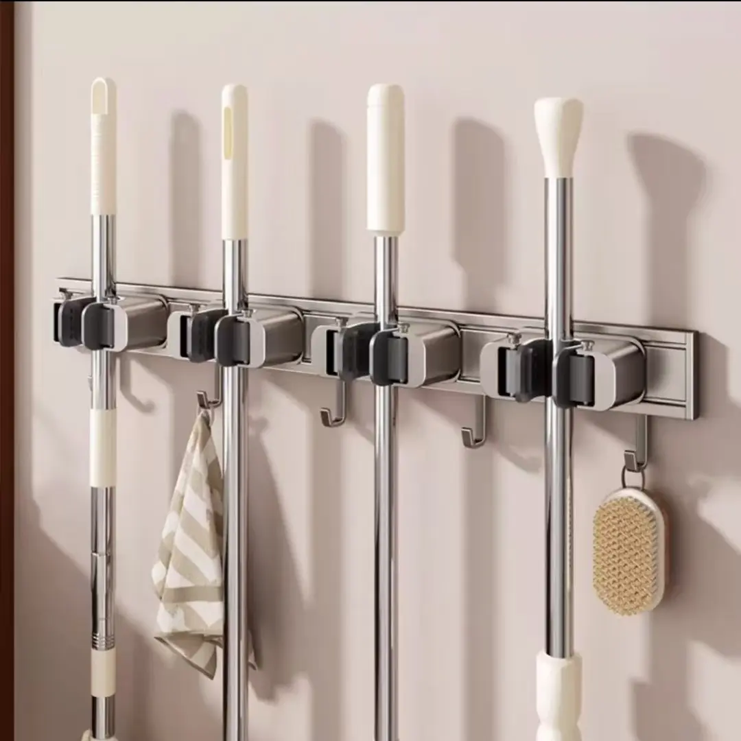 Space Aluminium Wall-Mounted Mop Holder Hook - Perforation-Free No-Drill, 3/5 Slots, Adhesive Tape/Suction Cup Installation, Waterproof, Multiple Hooks, Bathroom Organizer, Gunmetal Gray/Cream White, Heavy-Duty Durable
