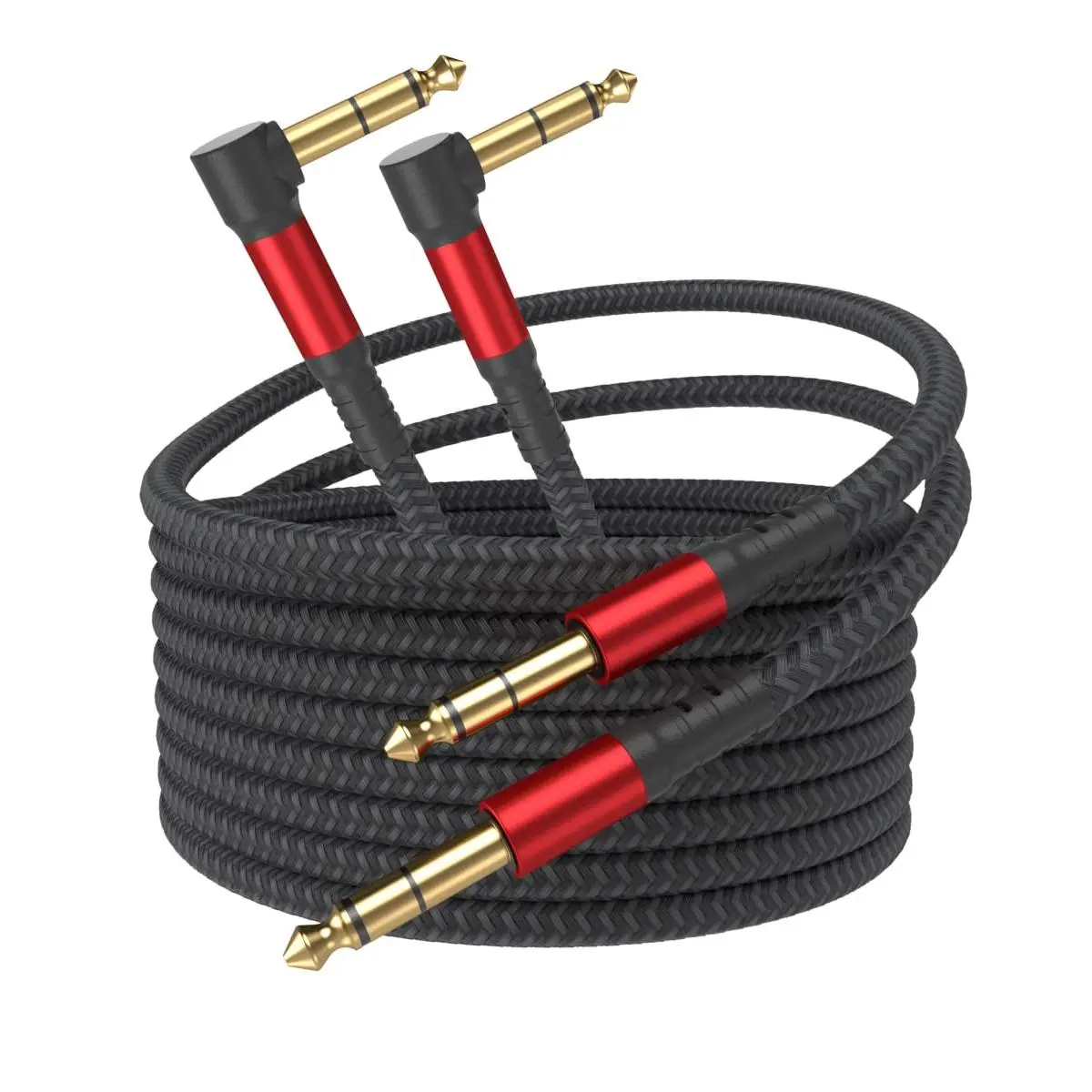 1/4 Inch Cable TRS Guitar Cable 10 ft 2-Pack, Instrument Cable Guitar AMP Cord Straight to Right Angle 6.35mm Male to Male Stereo Audio Cable for Electric Guitar, Bass, Amplifier, etc.