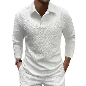 Men's Long Sleeve Textured Polo Shirt in Beige & Plain White for Tropical Menswear Stylish Casual Top with Unique Design - Suit