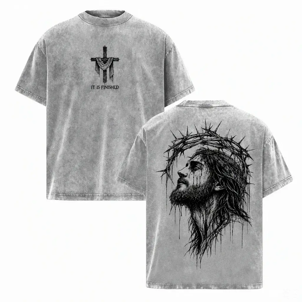 It Is Finished Cross Jesus Crown Of Thorns Double Sided Unisex Washed Grey Tshirt Mens Vintage Graphic Tee, Boyfriend fit shirt, Oversized top for women, Christian grunge streetwear, Dark faith aesthetic, Tattoo style apparel, Religious gift