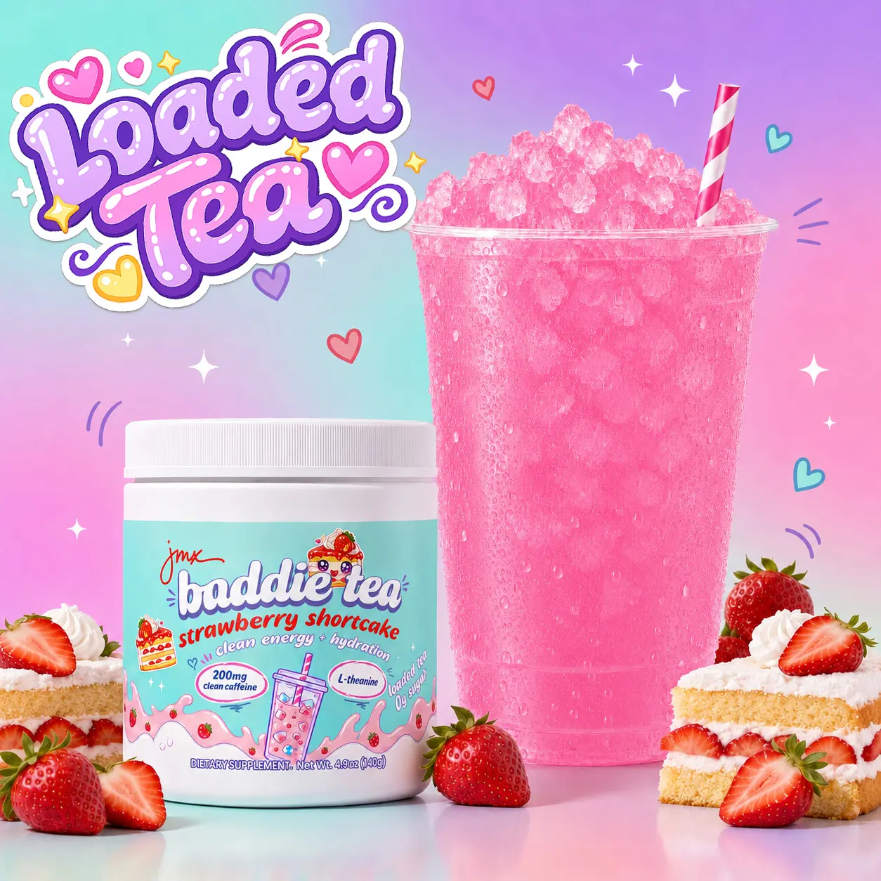 JMX Baddie Tea - Loaded Tea, Strawberry Shortcake Flavor, 200mg Clean Caffeine, L-Theanine, B-Complex, 0g Sugar, Clean Energy + Hydration