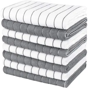 Kitchen Towels-8PK, Super Soft and Absorbent Drying Towels for Dishes, Microfiber Cleaning Cloth Multi-Purpose Dish Towels for Kitchen, Home-Grey/White -18"x26"