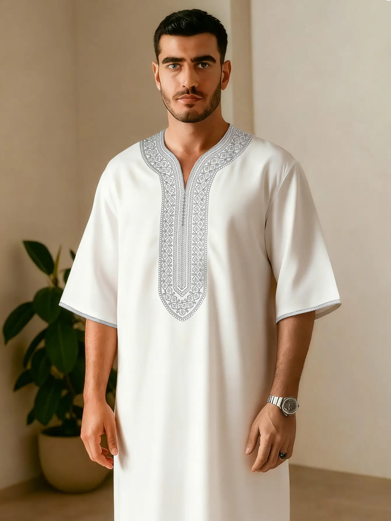 Men's White Moroccan Kaftan Robe - Embroidered Long Outfit with Pocket for Daily, Lounge & Special Occasions