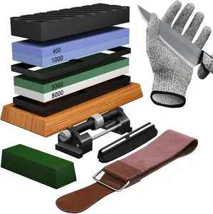 Sharpening Stone Set -  4 Side Grit 400/1000 3000/8000 Whetstone Sharpener Kit - Non-Slip  Base,Cut Resistant Gloves, Angle Guide,Flatting Stone,Honing Guide,Leather Strop