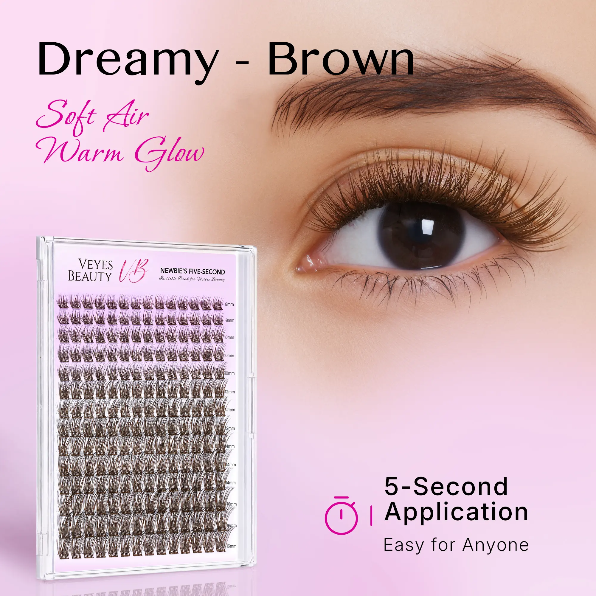 VEYESBEAUTY Dreamy-Brown Adhesion False Eyelashes & Adhesives Bundle Kit with Bond, Seal, Tweezer – Dolly Makeup, DIY Lash Control, Dense Doll Eye Effect, At-Home Lash Extensions for Adults