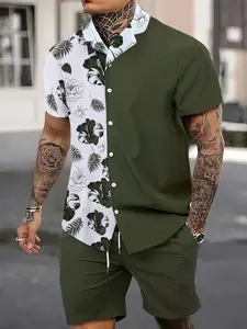 Two-Piece Cuban Collar Short Sleeve Shirt Set, Casual Shorts, Ice Silk Fabric, Patchwork Print, Vacation Style, Daily Commute Wear