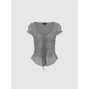 URBAN REVIVO 2026 Summer Thin Fitted Casual Blouse - Short-Sleeve, Lace-Up, Shirred, Ruffle Hem Overhead Women's Top