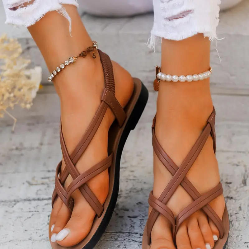 Women's Fashionable Plain Color Slip on Crossed Strap Sandals for Summer, Boho Style Sandals, Comfortable Flat Sole Sandals for Beach Vacation, Female All-Match Shoes for Daily Wear, Girl's Walking Shoes, Casual Outdoor Sandals, Comfy Sandals, Footwear