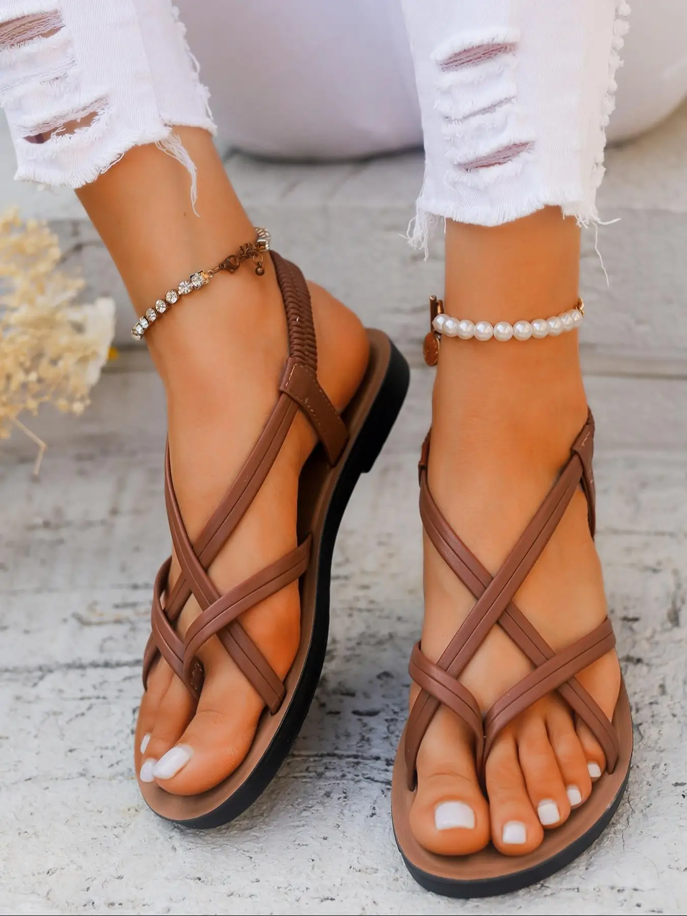 Women's Fashionable Plain Color Slip on Crossed Strap Sandals for Summer, Boho Sandals, Stylish Casual Comfortable Flat Sandals for Beach Vacation, F