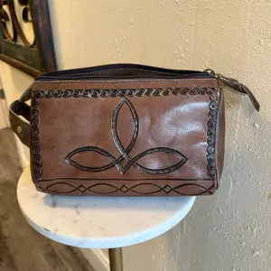 Leather Makeup/Toiletry Bag with Intricate Embroidery and Zip Closure for Everyday Use Brown Leather Design