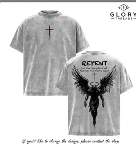 Repent Vintage Washed Oversized Christian T-Shirt, Angel Wings Faith Graphic Tee, “Kingdom of Heaven Has Come Near” Gospel Streetwear Top, Heavy Cotton Unisex Retro Worship Shirt Breathable Seamless Menswear
