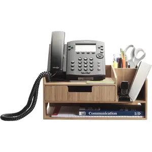 Bamboo Telephone Stand With Drawer Paper Tray & Pencil Holder Storage Solution for Office Pens Scissors Staplers Notepads Business Cards & More