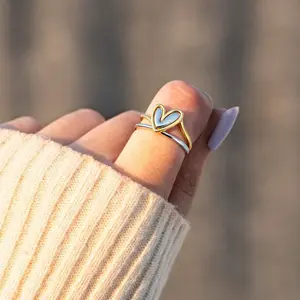 2-Tone Adjustable Interlocking Puzzle Ring Stack - Mixed Metal Sculptural Open Heart, Tarnish-Free Fashion Costume Jewelry