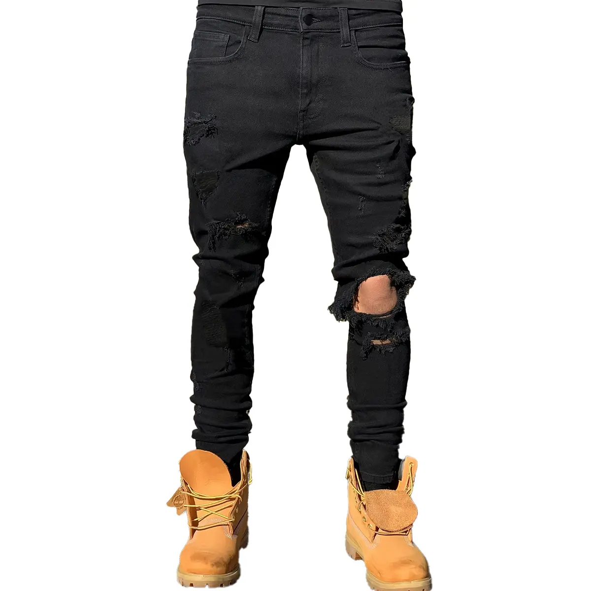 Men's Ripped Black Slim-Tapered Lightweight Denim Jeans - Versatile Street Style Pair with Shirts, Sneakers, Shoes, Trousers, Pants