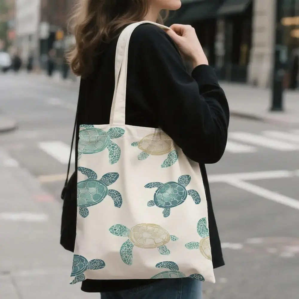 1pc Double-Sided Printing Casual Tortoise Pattern Portable Handbag, Reusable Folding Shoulder Bag, Fashionable Multi-Functional Women'S Design, Easy And Durable, Light And Large-Capacity Shopping Bag, Suitable for Travel