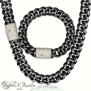 Bubble X Mens Silver Diamond Initial Letter(M-Y) Cuban Link 14MM Necklace 18K Gold Plated Black Stainless Steel Miami Thick Silver Buckle Necklace Hip Hop Jewelry 16-30 Inches