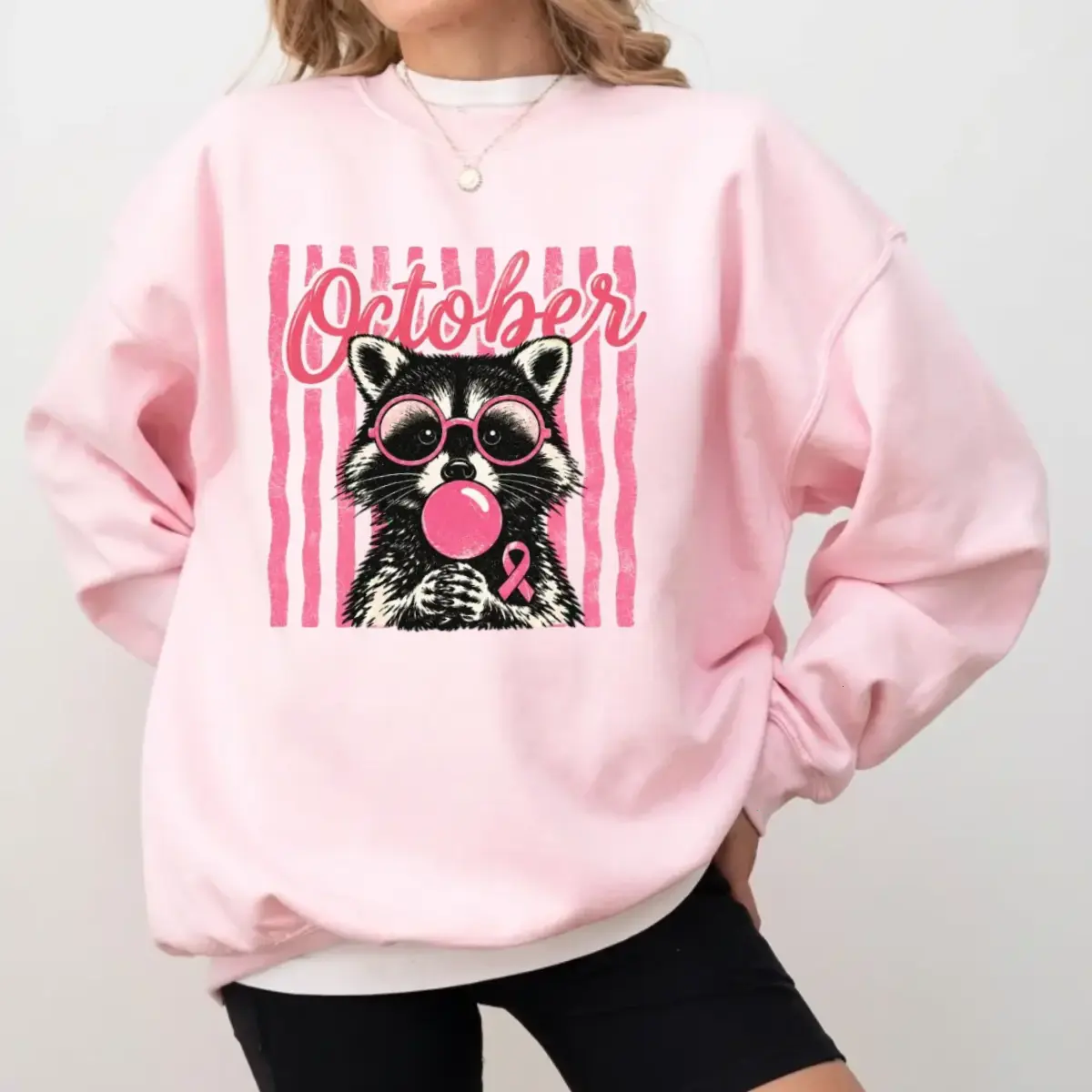 Breast Cancer Awareness Sweatshirt, Pink Ribbon October Tee, Cute Raccoon Survivor Support Shirt, Retro Bubblegum Graphic Tee