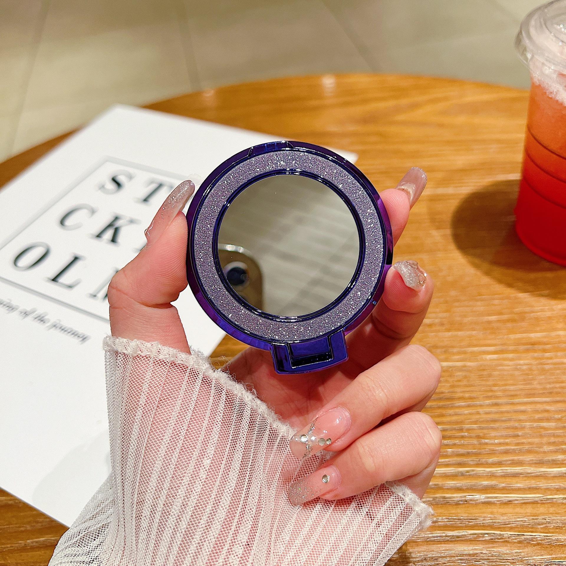 360-Degree Rotating Rhinestone & Glitter Mirror Stand — Universal Mobile Phone Holder, Desktop Support Ring, Adhesive Back Stand.