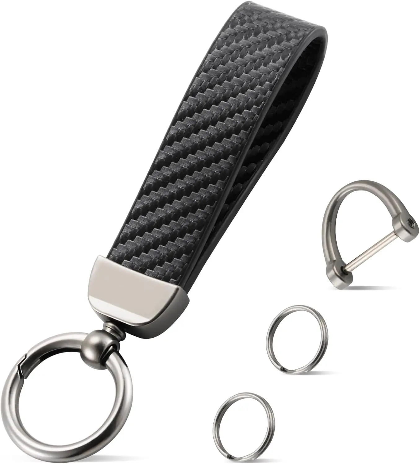 Leather Keychain with Carbon Fiber Design, Car Key Chain with Anti Lost D Ring and 2 Key Rings, Wristlet Keychain Accessory, Universal Car Key Holder for Men and Women, Durable Black Keychain for Keys and Car Accessories
