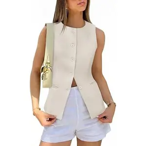 Tankaneo Womens Tweed Sleeveless Vest Crew Neck Button Down Fitted Blazer Vest Tops Work Casual Waistcoat