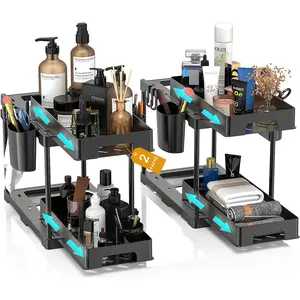 2pcs Double Sliding Under Sink Organizer, 2 Tier Pull Out Drawer with Hooks & Cups, Space-Saving Storage Solution for Kitchen & Bathroom