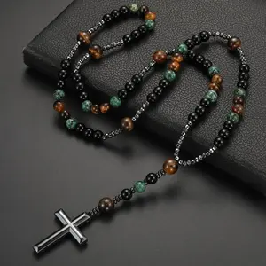 African pine tiger's eye vintage natural stone cross pendant necklace unisex suitable for everyday wear or as a party accessory