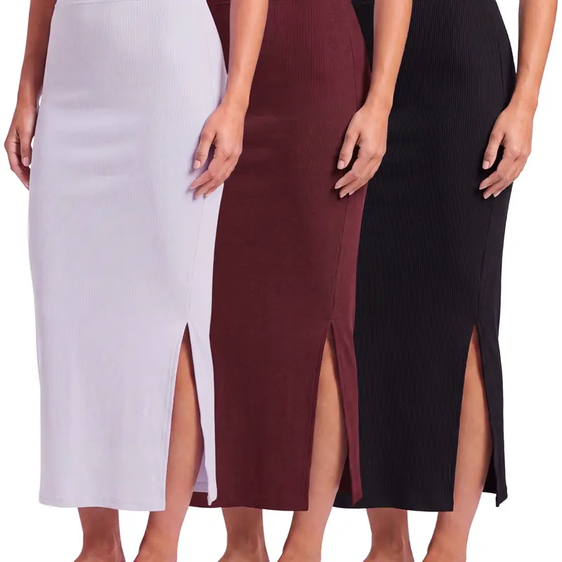 Real Essentials 3 Pack: Women's Ribbed High Waisted Maxi Skirt with Side Slit - Casual Long Pencil Skirt