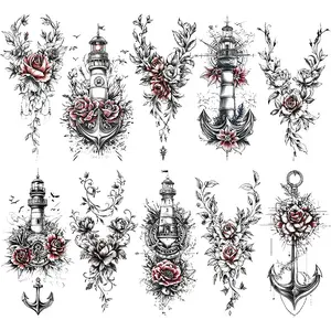 10 Pcs Anchor & Floral Temporary Tattoo Stickers, Waterproof Body Art Tattoos for Men and Women, Party Daily Activities Decor