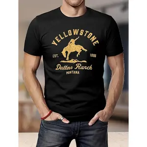 Men's Yellowstone Dutton Ranch Graphic T-Shirt - 100% Cotton, Casual Round Neck, Shortsleeve, Regular Fit, All-Season Pullover Top, Digital Heat Transfer Print, Black, Graphic T Shirts