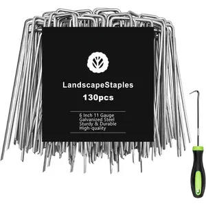 Landscape Staples 6 Inch 130 count Garden Stakes, Galvanized Lawn Pins  Coating Yard Ground Spikes, U-Type Staples for Weed Barrier Anchoring Outdoor Tents Hoses