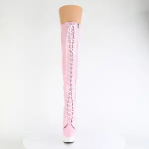 Women's 6-Inch Heel DELIGHT-3029 Baby Pink Stretch Holo High-Heel Knee Platform Boot, Stylish Footwear Shoe