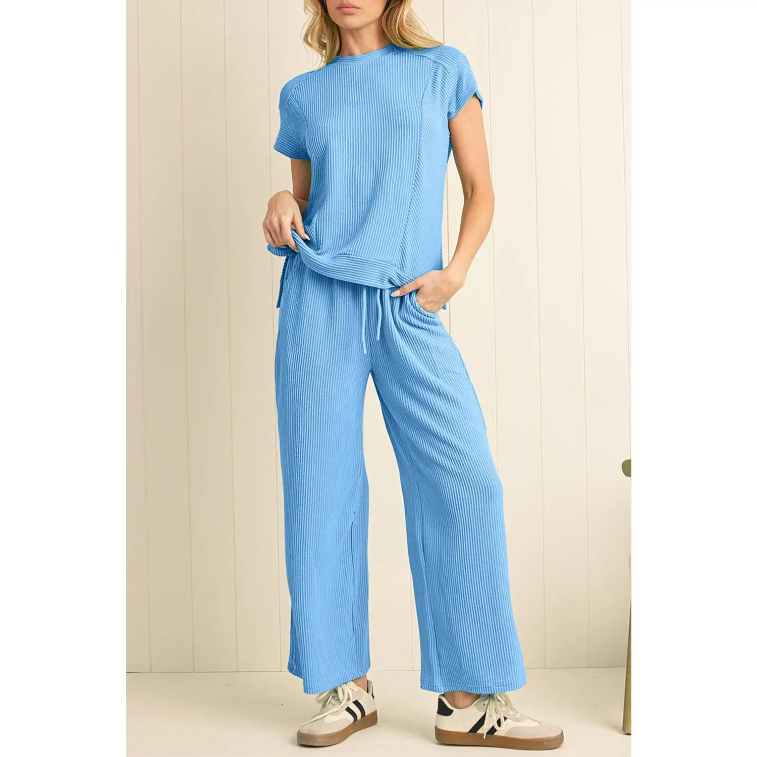 Blue Solid Corded Short Sleeve T Shirt and Wide Leg Pants Set