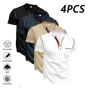 Men’s 4-Pack Henley Short Sleeve Shirts, Casual Button-Placket Shirt with Pocket, Wrinkle-Resistant, Soft Fabric, Black/Navy/Khaki/White, Perfect for Everyday Wear.