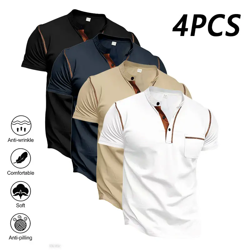 Men’s 4-Pack Henley Short Sleeve Shirts, Casual Button-Placket Shirt with Pocket, Wrinkle-Resistant, Soft Fabric, Black/Navy/Khaki/White, Perfect for Everyday Wear.