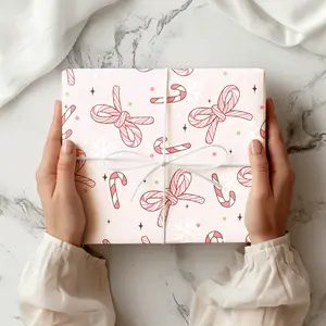 Pink Christmas Wrapping Paper, Coquette Candy Cane Christmas Gift Wrap, Unique Coquette Cowboy Boots Holiday Wrapping Paper Roll for Her, Glossy Finish