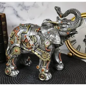 Ebros Steampunk Pressure Valve Geared Cyborg Elephant with Trunk Up Figurine