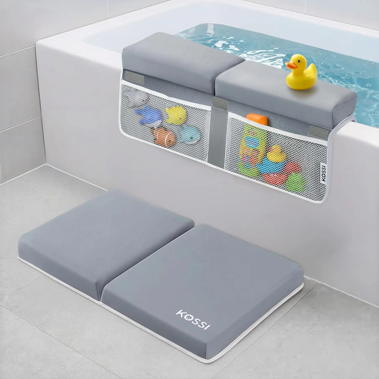 Bath Kneeler and Elbow Rest Pad Set - Pain Relief Foam Mat with Toy Organizer Pockets, Quick Drying, Foldable, Non-Slip for Baby Bathing, Two Piece Set
