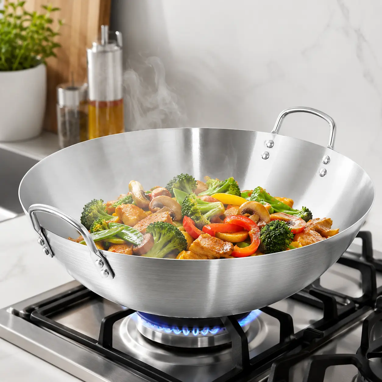 Professional Stainless Steel Stir-Fry Wok & Frying Pan, Durable Non-Stick Cookware with Ergonomic Handle, Multi-Purpose Pan for Gas, Induction & Electric Burners, Home Kitchen Essential