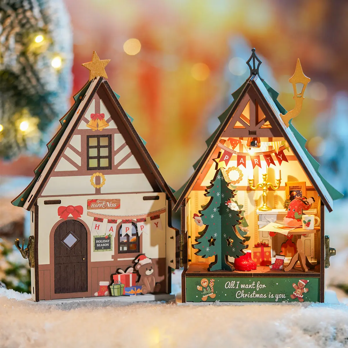 Rolife Twinkling Christmas Miniature House Kit - DIY 3D Puzzle Play House Set with LED Lighting, Wooden Craft Ideas for Adults, Christmas Tree Home Decor, Birthday Gift for Teens, Do It Yourself