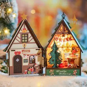Rolife Twinkling Christmas House Miniature House Kit, DIY Miniature Wooden Dollhouse Kit for Adults to Build, Collectible 3D Wooden Puzzle Building Home Decor, Christmas Birthday Gift for Kids Teens